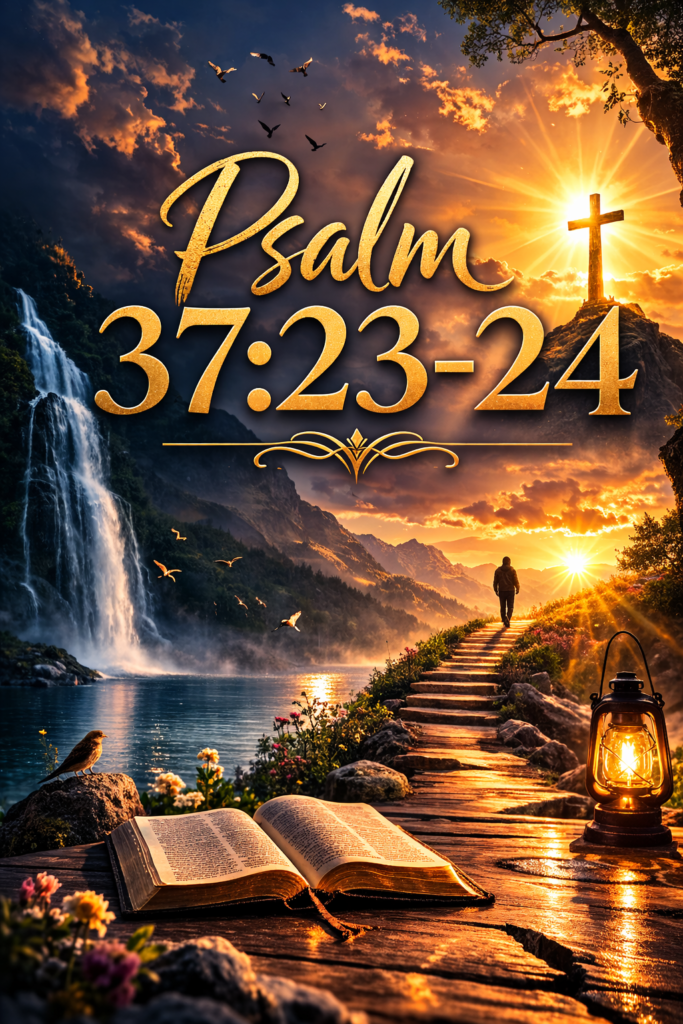 Psalm 37:23-24 Bible verse about God guiding our steps and holding us when we stumble