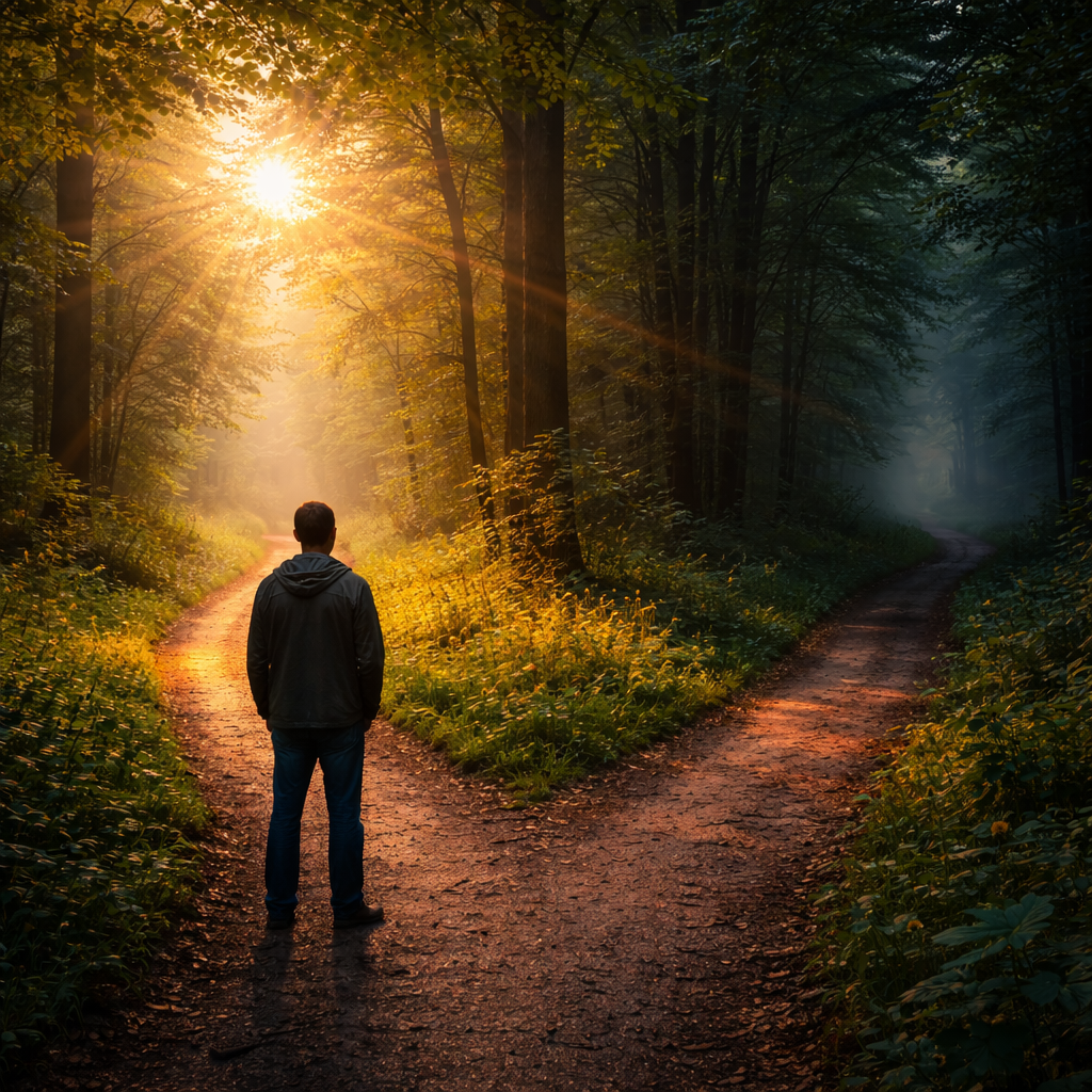Person standing at a crossroads path representing the temptation of shortcuts while waiting on God