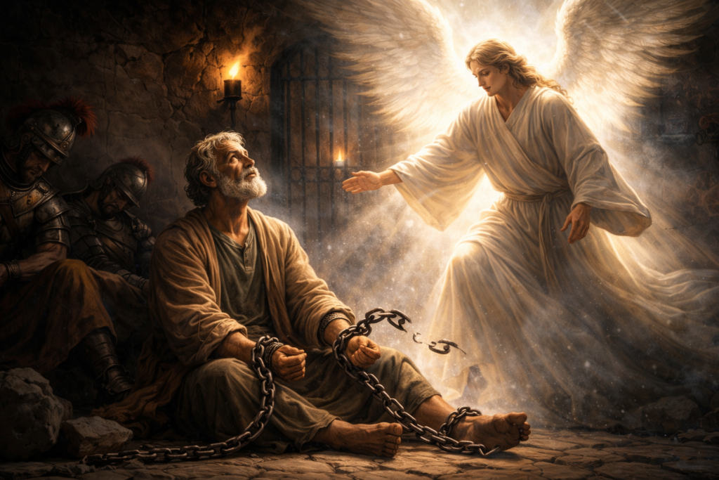 Angel of the Lord freeing Peter as chains fall off in prison Acts 12 Bible scene