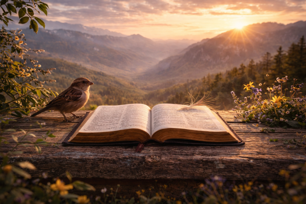 Open Bible with a sparrow and mountain landscape representing Luke 12:6–7 and God caring about every detail of your life