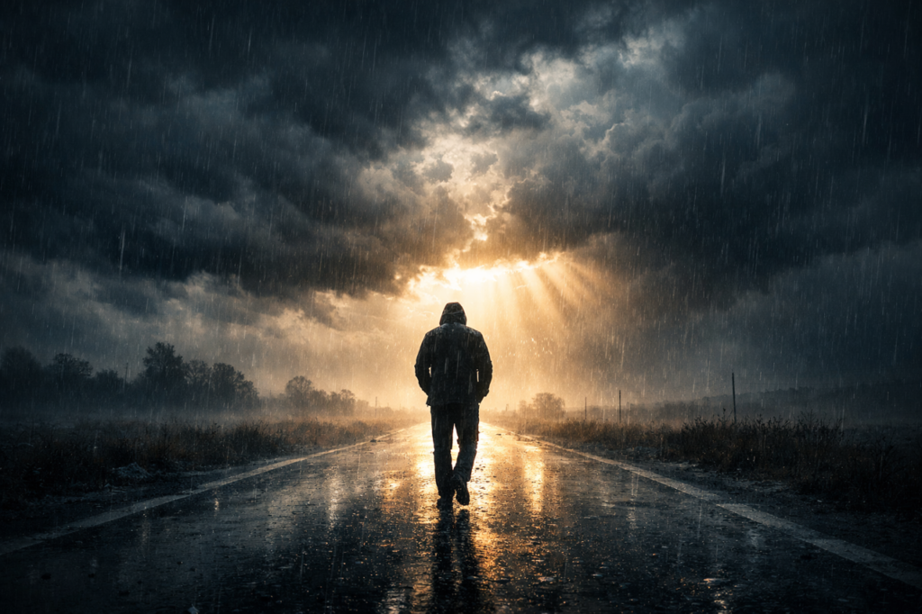 A person walking through a storm with light breaking through the clouds symbolizing hope and God’s purpose in difficult seasons