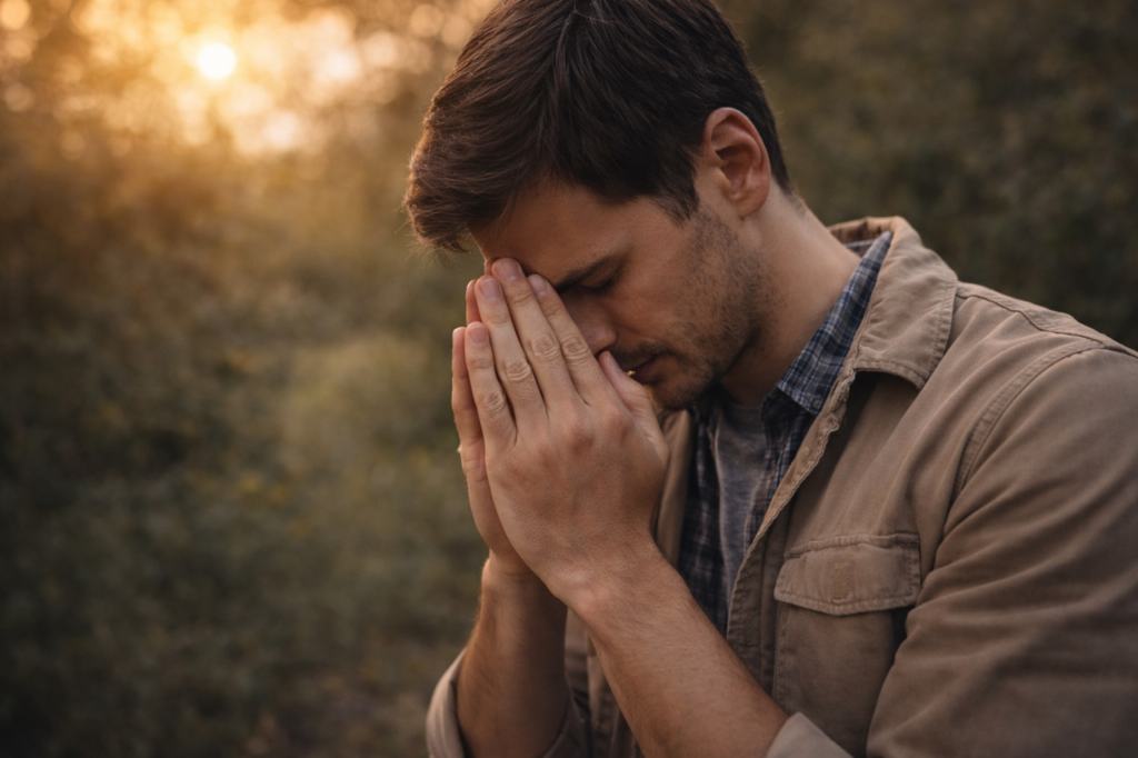 man praying with hands together seeking God’s guidance and direction in life