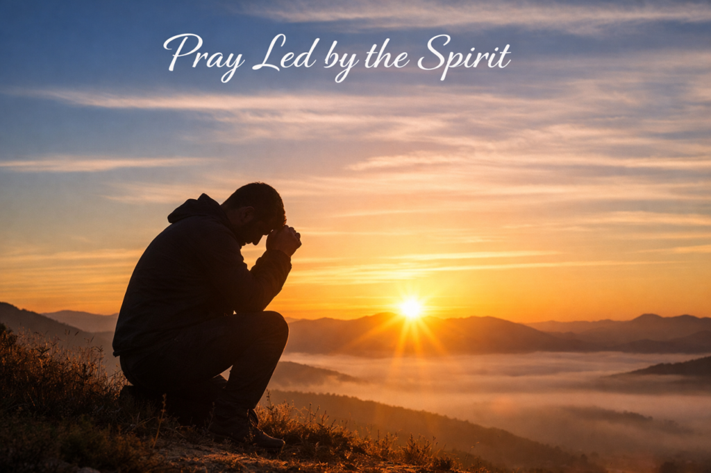 Person praying at sunrise being led by the Holy Spirit in prayer and seeking God’s guidance