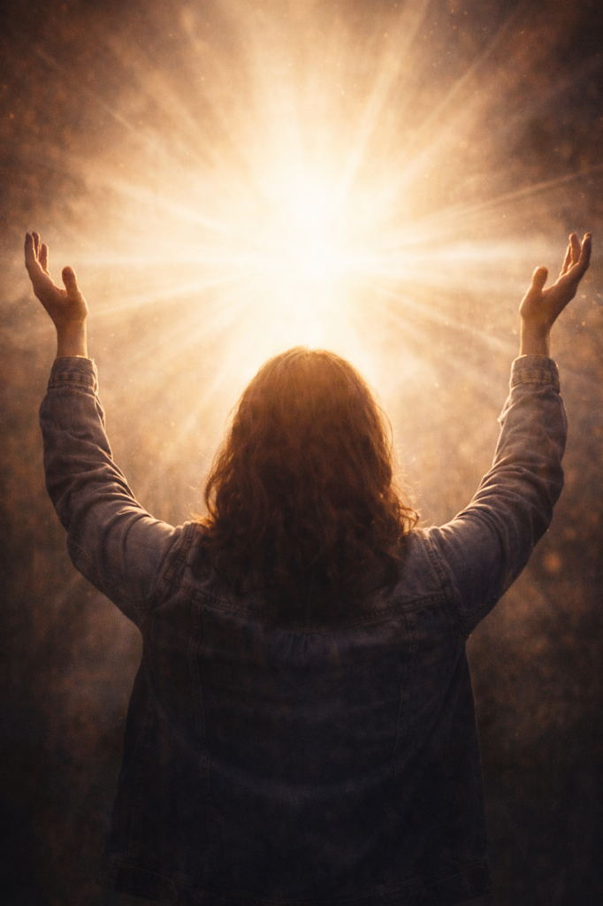 person lifting hands in surrender experiencing spiritual transformation and God’s light