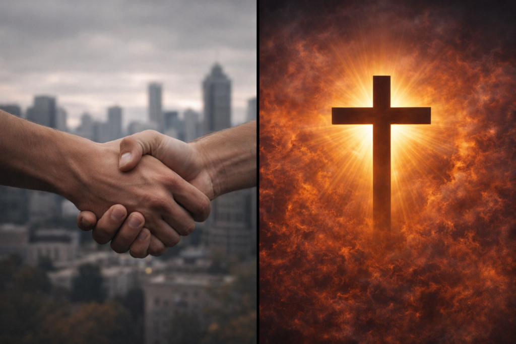 Trust in God not people Bible verse Psalm 20:7 cross with light background