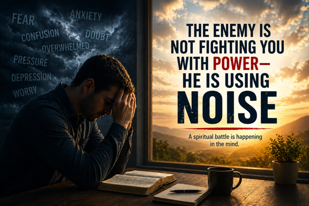 Spiritual warfare illustration showing mental attack, fear, anxiety, and overwhelming thoughts in the mind