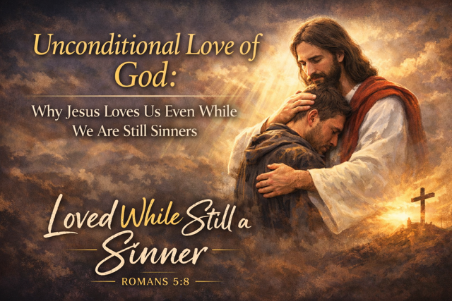 Unconditional love of God showing Jesus embracing a sinner Romans 5:8 illustration