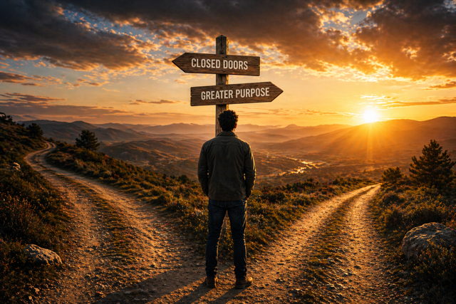 person standing at crossroads at sunset symbolizing God guiding life direction and purpose