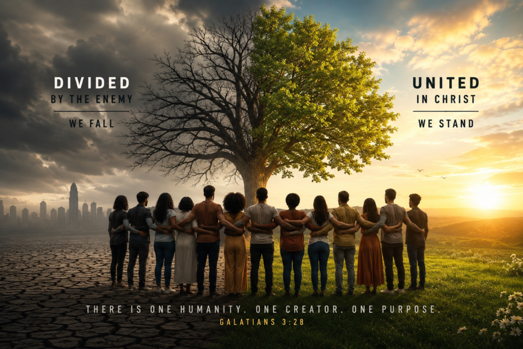 People from different backgrounds standing together, illustrating biblical unity in Christ and God's design for humanity.