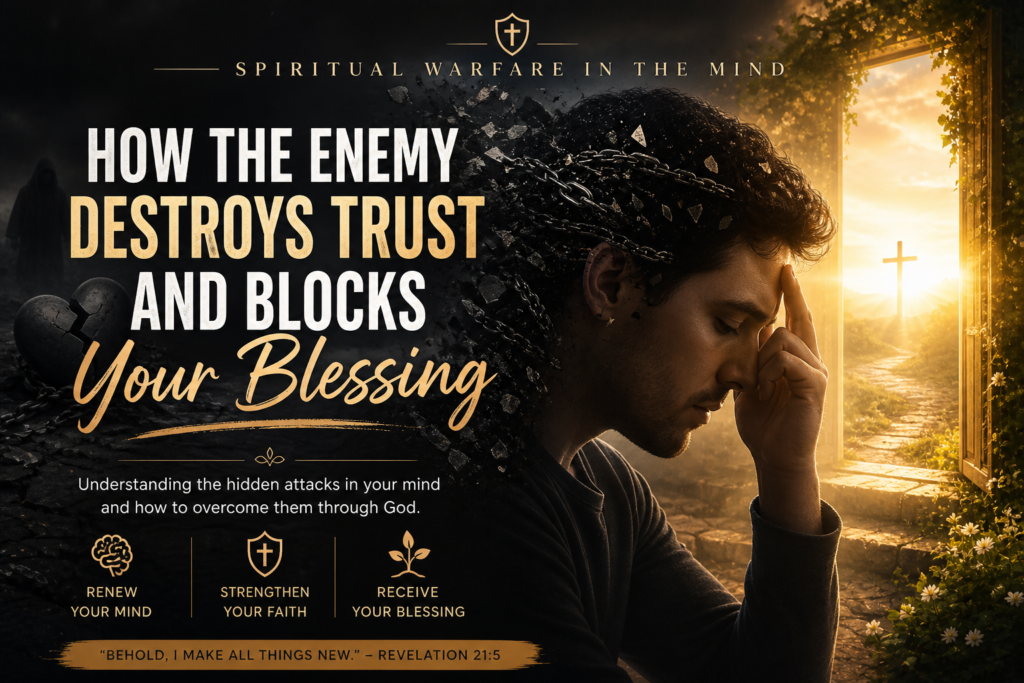 Man standing with arms raised at sunset symbolizing God’s restoration after broken trust and spiritual warfare in the mind