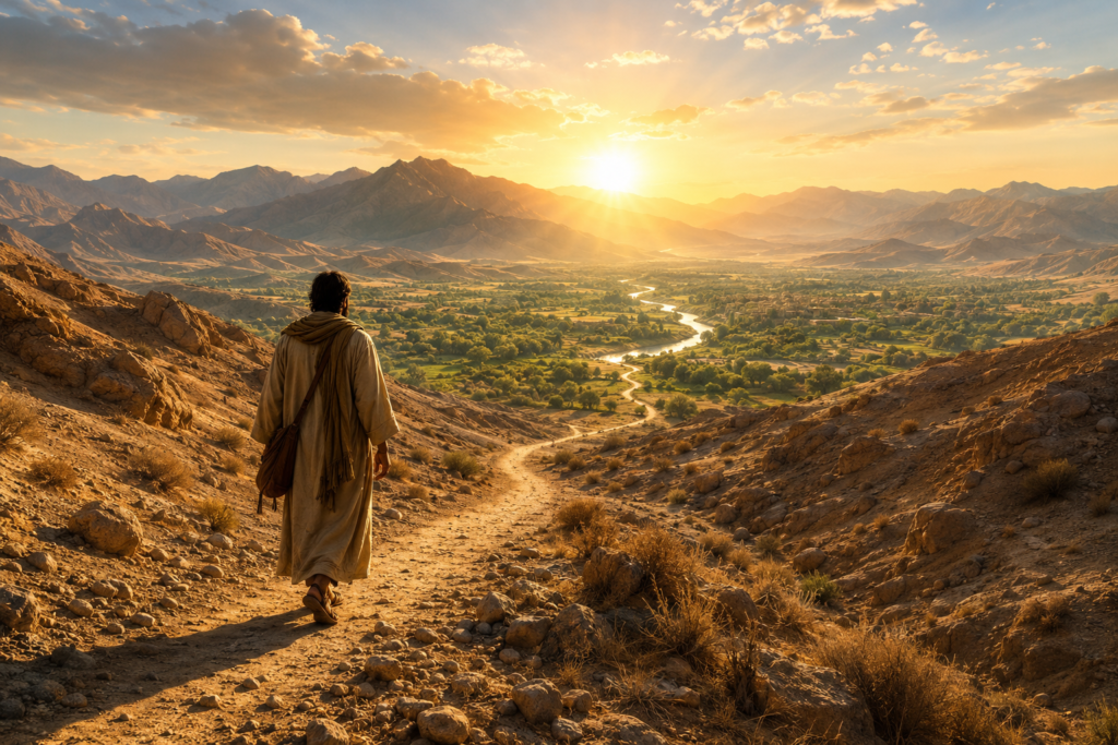 Person walking through a wilderness toward a beautiful valley symbolizing God's preparation before the promise.