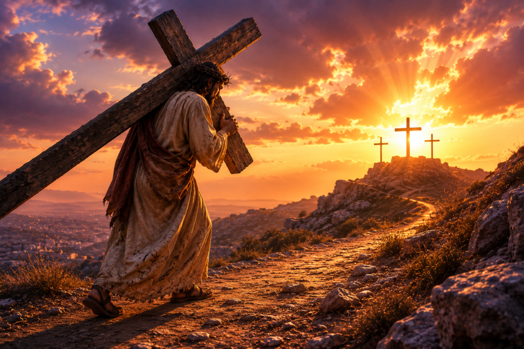Jesus carrying the cross on the way to Calvary, demonstrating God's love, sacrifice, and salvation through Jesus Christ.