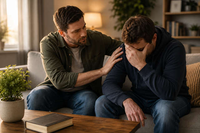 A person walking through a difficult trial toward the cross, representing how personal struggles can become hope and Christian encouragement for others